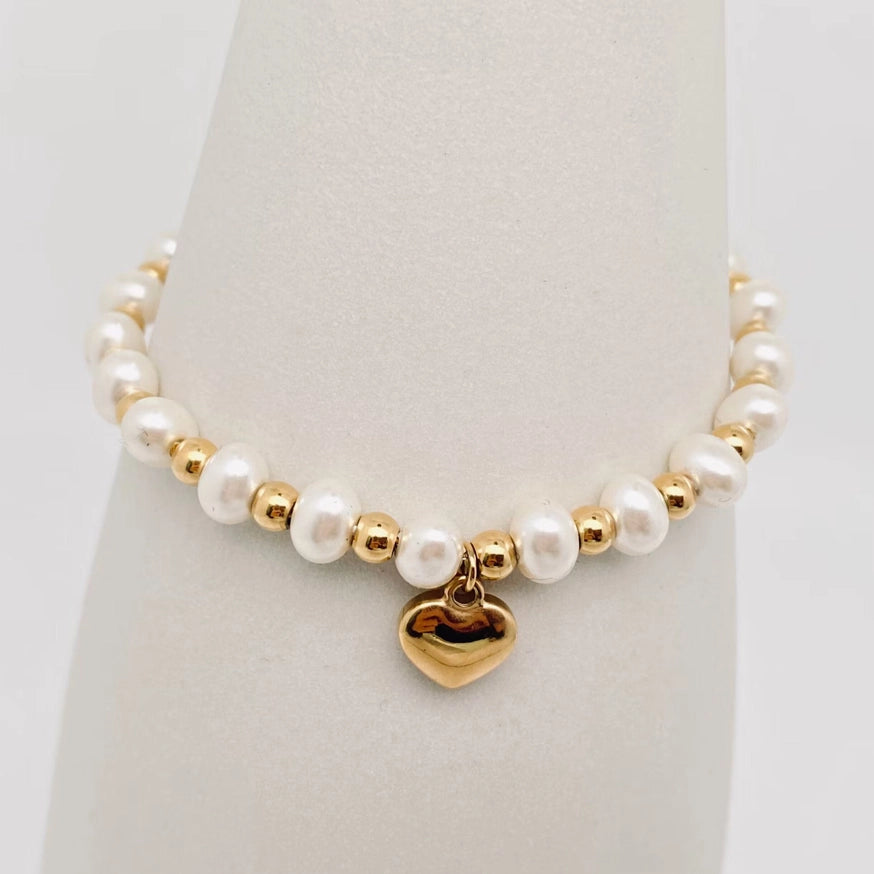 Stainless Steel Heart Pendant Pearl Beaded Bracelet