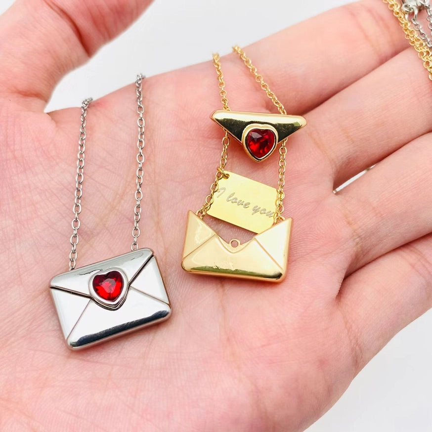 "I Love You" Heart-Shaped Cubic Zirconia Envelope Necklace