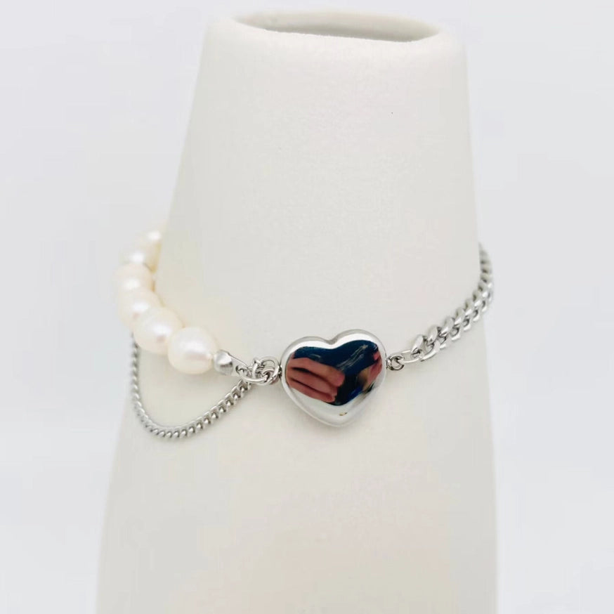 Heart-Shaped Pendant Pearl Stainless Steel Bracelet