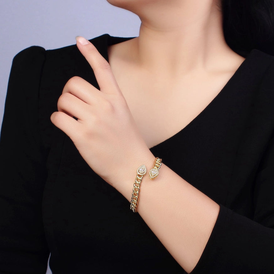 Gold Filled Double Teardrop Baguette Cz Link Cuff Bracelet