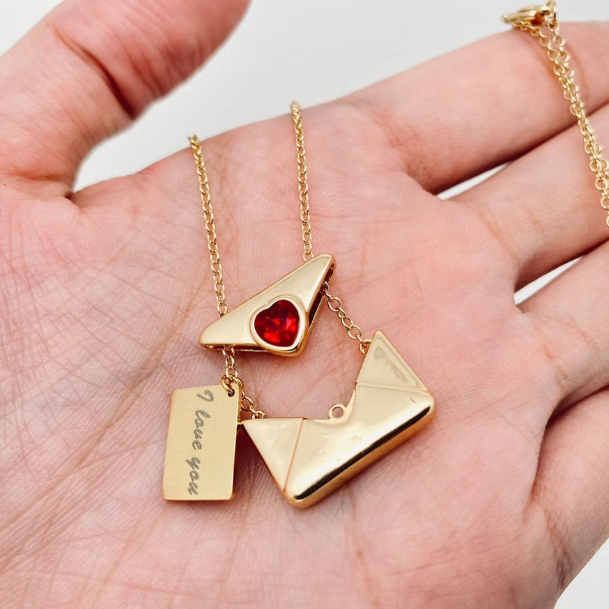 "I Love You" Heart-Shaped Cubic Zirconia Envelope Necklace