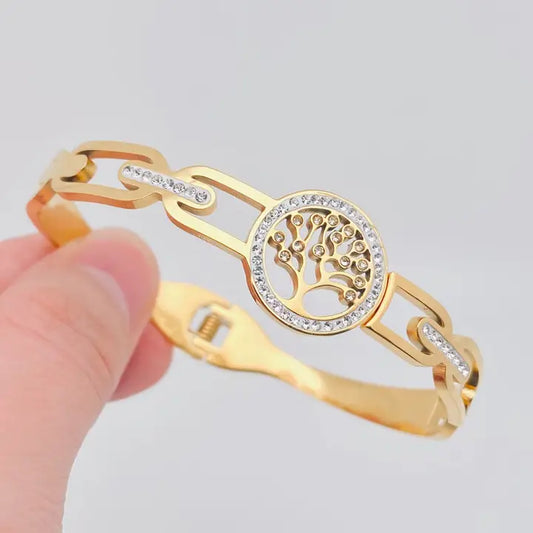 Hollow Tree of Life Gold-Plated Stainless Steel Open Bangle